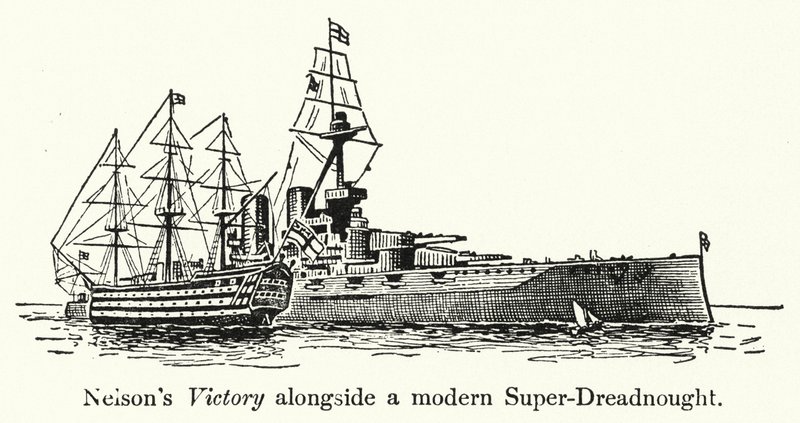 Nelsons Victory naast een moderne Super-Dreadnought door English School