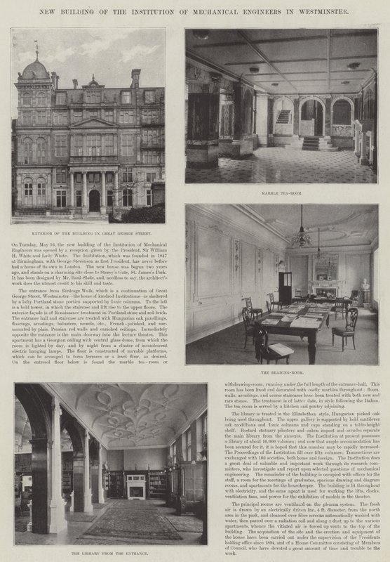 Nieuw gebouw van de Institution of Mechanical Engineers in Westminster (gravure) door English School