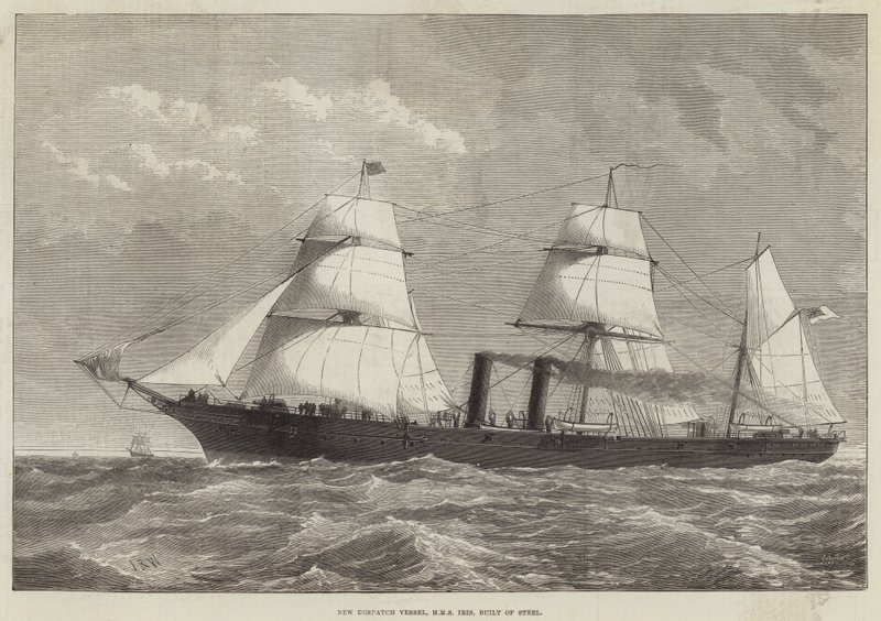 Nieuw verzendschip, HMS Iris, gebouwd van staal door English School