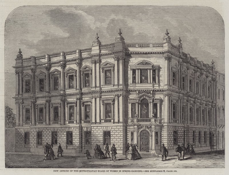 Nieuwe Kantoren van de Metropolitan Board of Works in Spring-Gardens (gravure) door English School