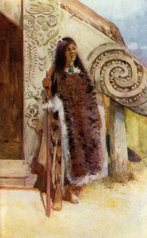 Nieuw-Zeeland: Een Maori stamhoofd (kleurenlitho) door English School