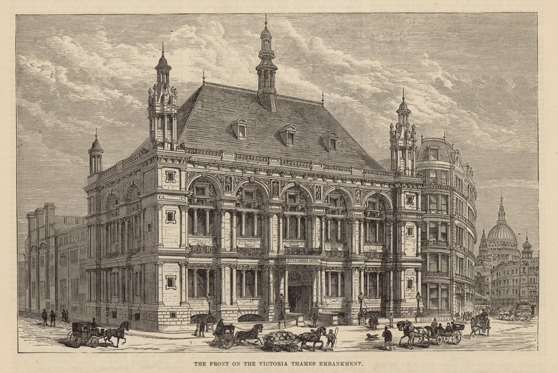 Nieuwe gebouwen van de City of London School: De voorkant aan de Victoria Thames Embankment door English School