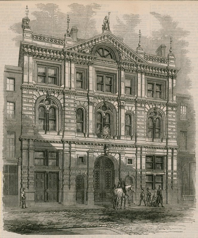 Nieuw gebouwde kantoren van de Peninsular and Oriental Steam Navigation Company, Leadenhall Street, Londen door English School