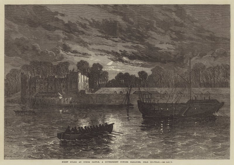 Nachtwacht bij Upnor Castle, een Overheidskruitmagazijn, nabij Chatham (gravure) door English School