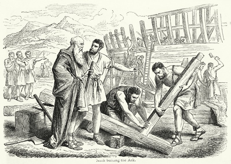 Noach bouwt de Ark (gravure) door English School