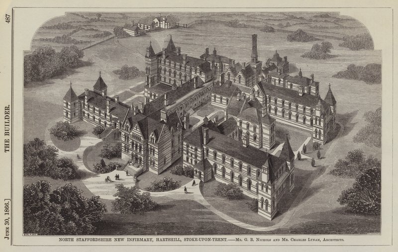 North Staffordshire Nieuwe Inrichting, Hartshill, Stoke-upon-Trent, Mr G B Nichols en Mr Charles Lynam, Architecten (gravure) door English School