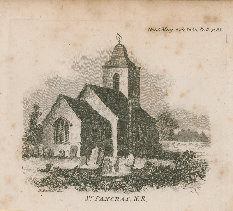 Noordoostelijk uitzicht op de Kerk van St Pancras door English School