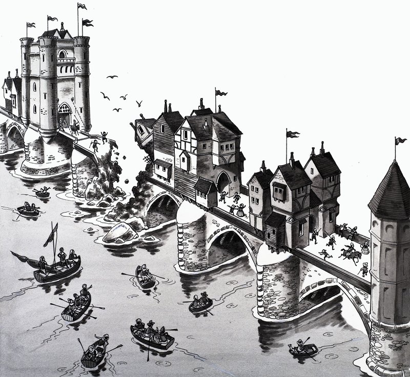 Illustratie van kinderrijm: London Bridge valt neer door English School