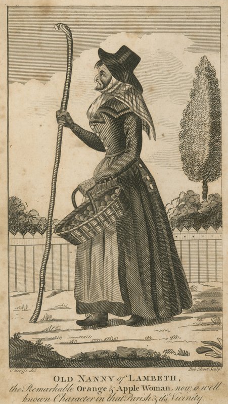 Oude Nanny van Lambeth, de opmerkelijke sinaasappel- en appelvrouw door English School