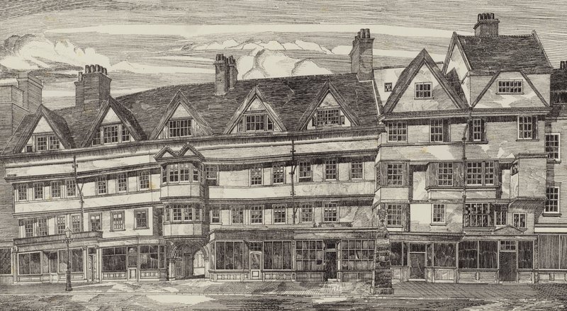 Oude huizen bij Holborn Bars, Londen door English School