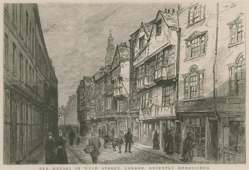 Oude huizen in Wych Street, Londen, recent gesloopt door English School