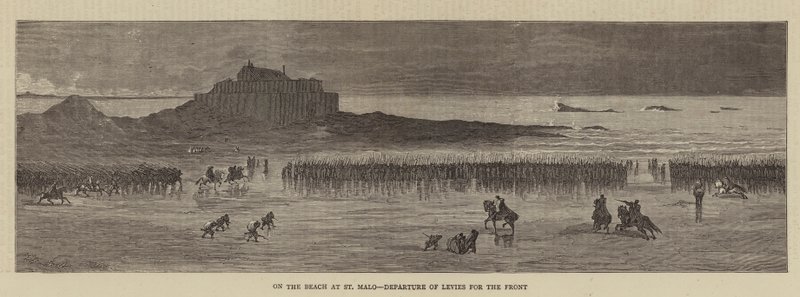 Op het Strand van St Malo, Vertrek van Rekruten naar het Front (gravure) door English School
