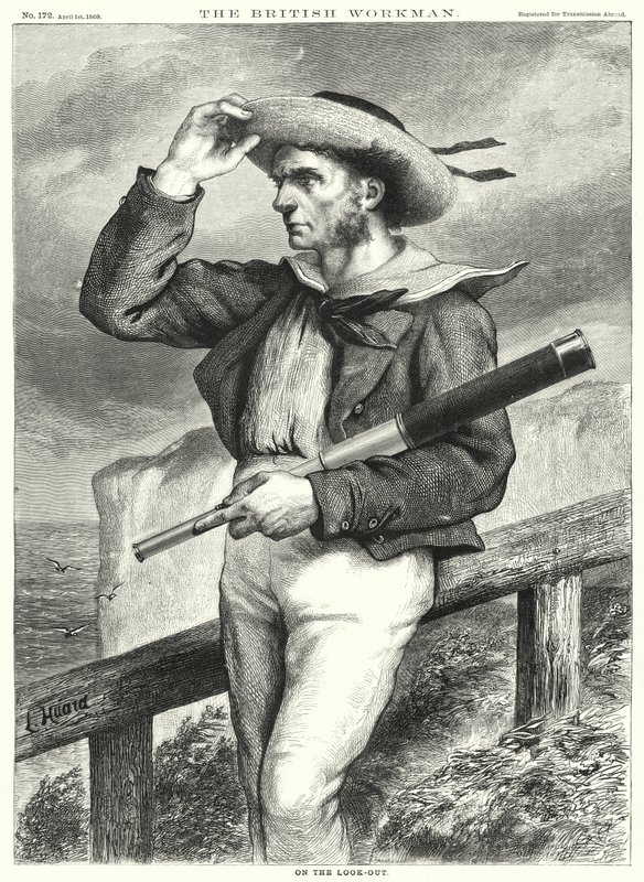 Op de uitkijk (gravure) door English School
