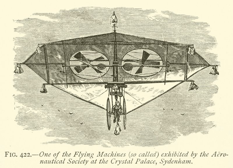 Een van de vliegmachines tentoongesteld door de Aeronautical Society in het Crystal Palace, Sydenham door English School