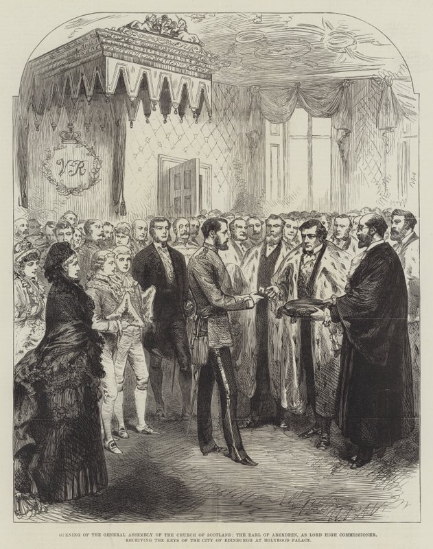Opening van de Algemene Vergadering van de Kerk van Schotland, de Graaf van Aberdeen, als Lord High Commissioner, ontvangt de sleutels van de stad Edinburgh in Holyrood Palace door English School