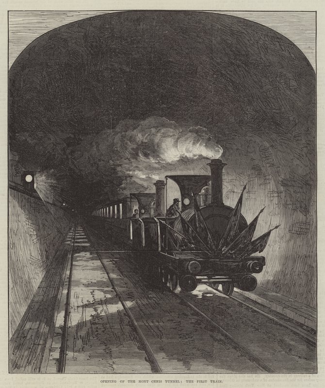 Opening van de Mont Cenis-tunnel, de eerste trein (gravure) door English School