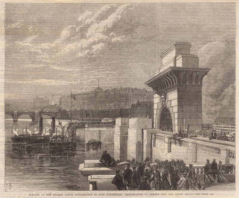 Opening van de noordelijke Thames Embankment voor voetgangers door English School