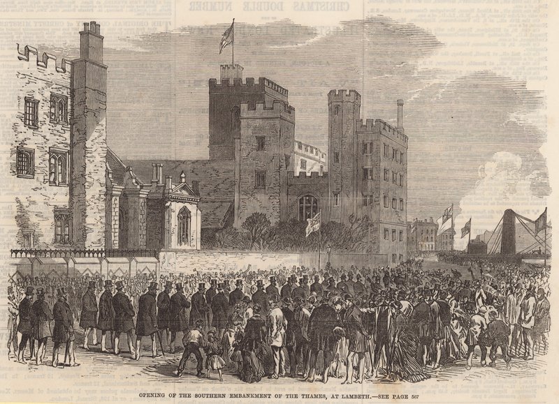 Opening van de zuidelijke Embankment van de Thames bij Lambeth door English School