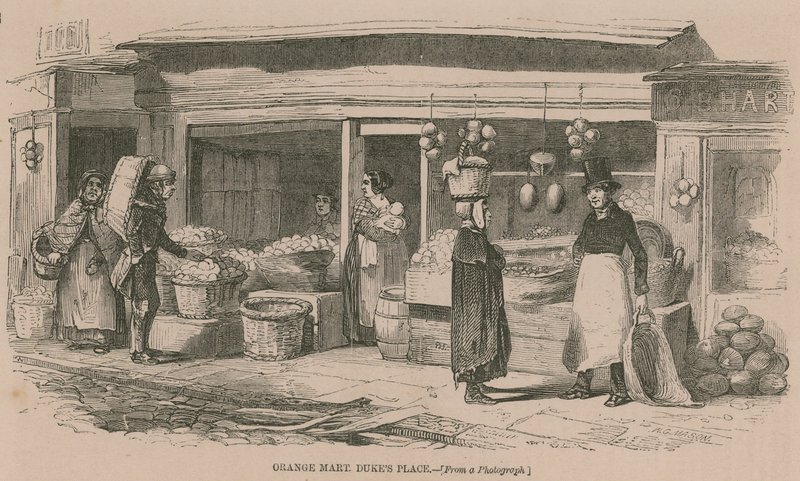 Sinaasappelmarkt op Dukes Place, Londen door English School