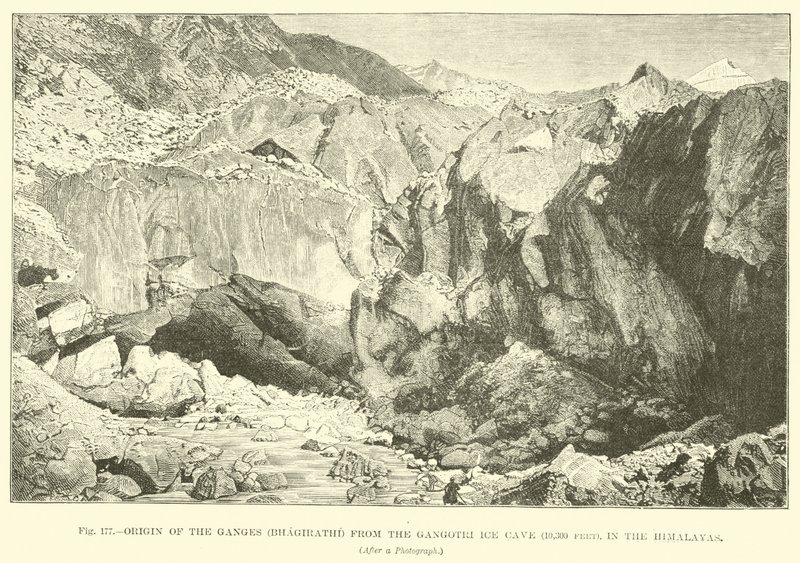 Oorsprong van de Ganges (Bhagirathi) uit de Gangotri-ijsgrot (10.300 voet), in de Himalaya door English School