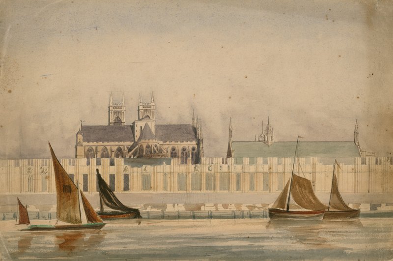 Originele aquareltekening van de bouw van de Houses of Parliament rond 1842 door English School