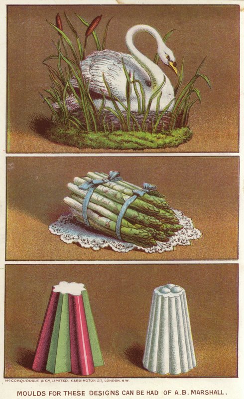 Ornamentale mallen voor het maken van ijsvormen in de vorm van een zwaan en een bundel asperges door English School