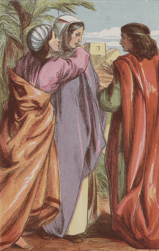 Orpa scheidt van Ruth en Naomi (gekleurde gravure) door English School