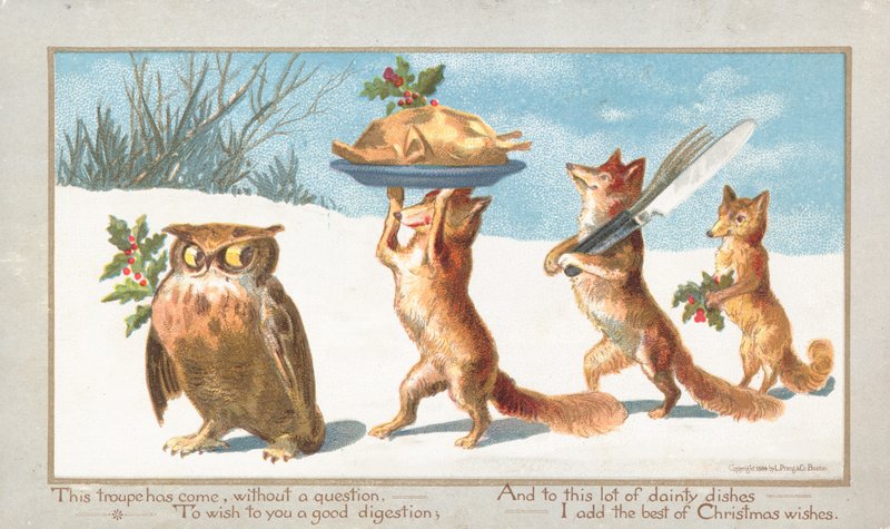 Uil en vossen dragen kerstmaal, kerstkaart door English School