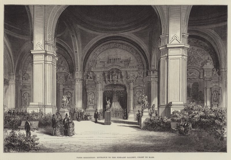 Parijs tentoonstelling, ingang van de kunstgalerij, Champ de Mars (gravure) door English School