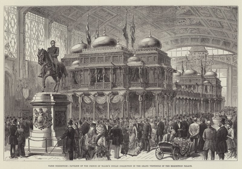 Parijs tentoonstelling, paviljoen van de Indiase collectie van de prins van Wales in de grote vestibule van het tentoonstellingspaleis (gravure) door English School