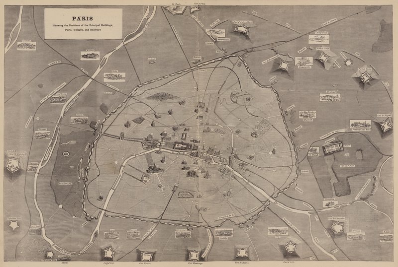 Parijs, met de Posities van de Belangrijkste Gebouwen, Forten, Dorpen en Spoorwegen (gravure) door English School
