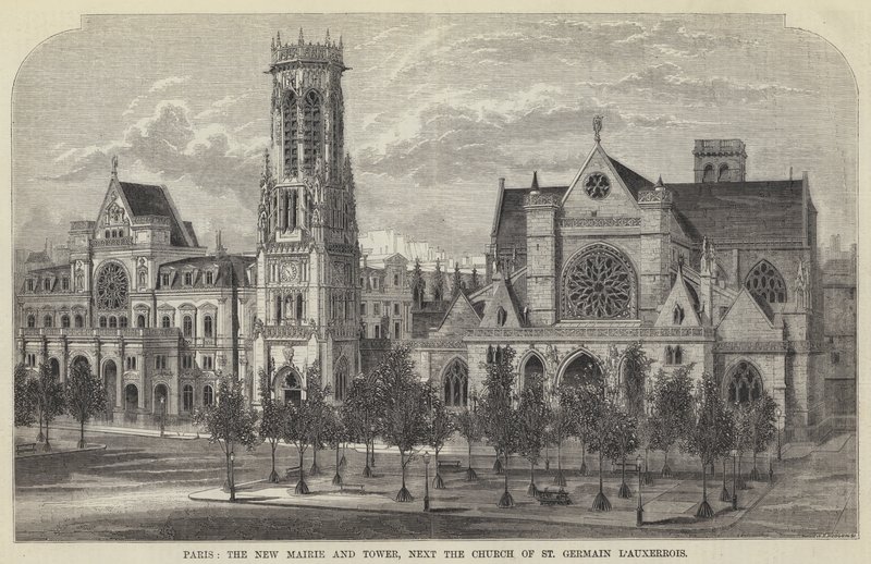 Parijs, het nieuwe stadhuis en toren, naast de kerk van St Germain l
