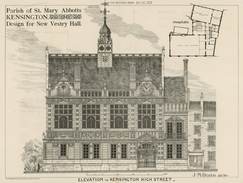 Parochie van St Mary Abbotts, Kensington, ontwerp voor Nieuwe Vestry Hall door English School