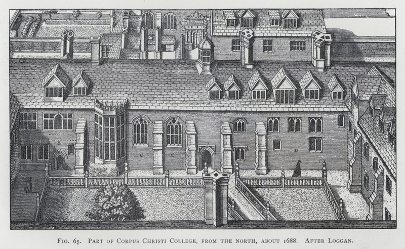 Deel van Corpus Christi College, vanuit het noorden, circa 1688, naar Loggan (gravure) door English School
