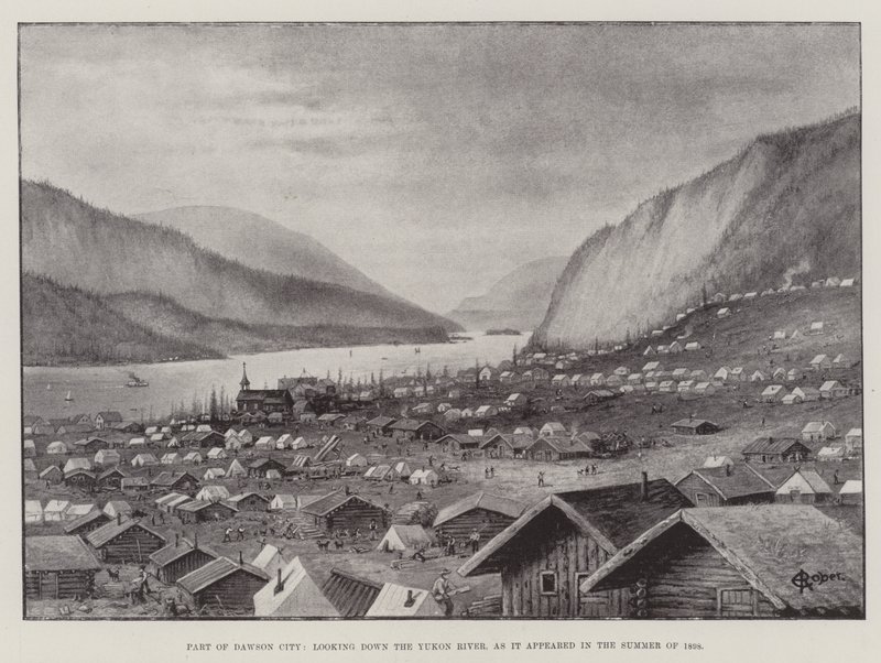 Een deel van Dawson City, uitkijkend over de Yukon-rivier, zoals het eruitzag in de zomer van 1898 door English School