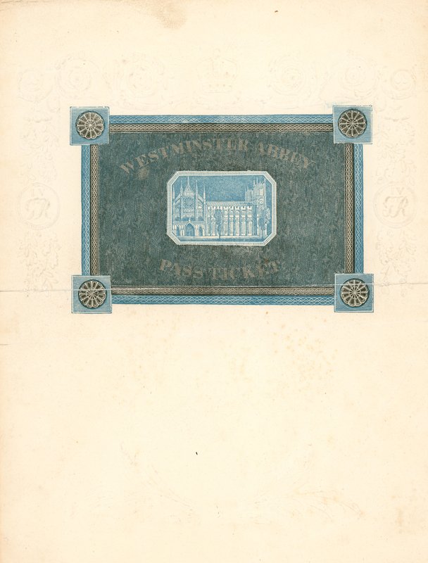 Toegangsbewijs voor Westminster Abbey voor de kroning van Koning George IV, 17 juli 1821 door English School