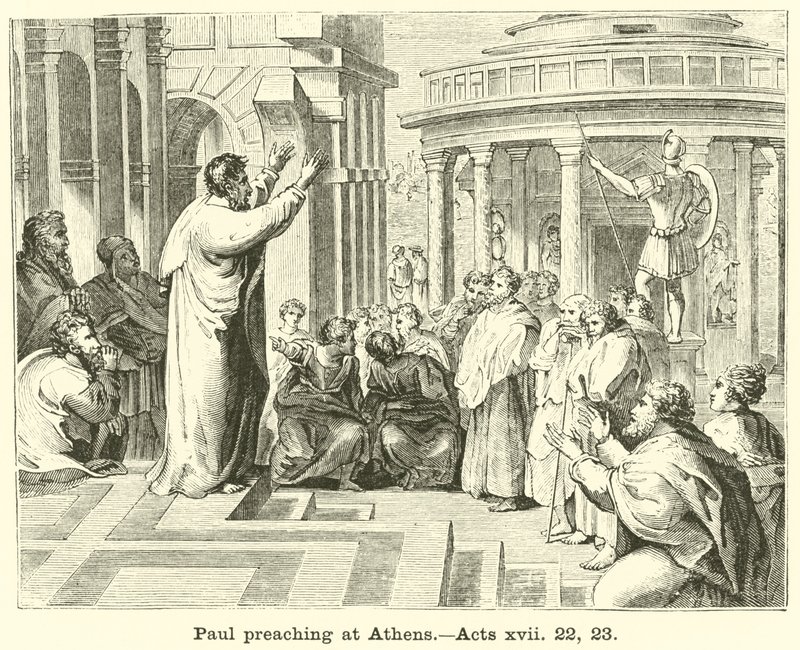 Paulus predikt in Athene, Handelingen, xvii, 22, 23 door English School