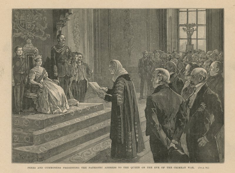 Peers en burgers presenteren het patriottische adres aan de koningin aan de vooravond van de Krimoorlog door English School