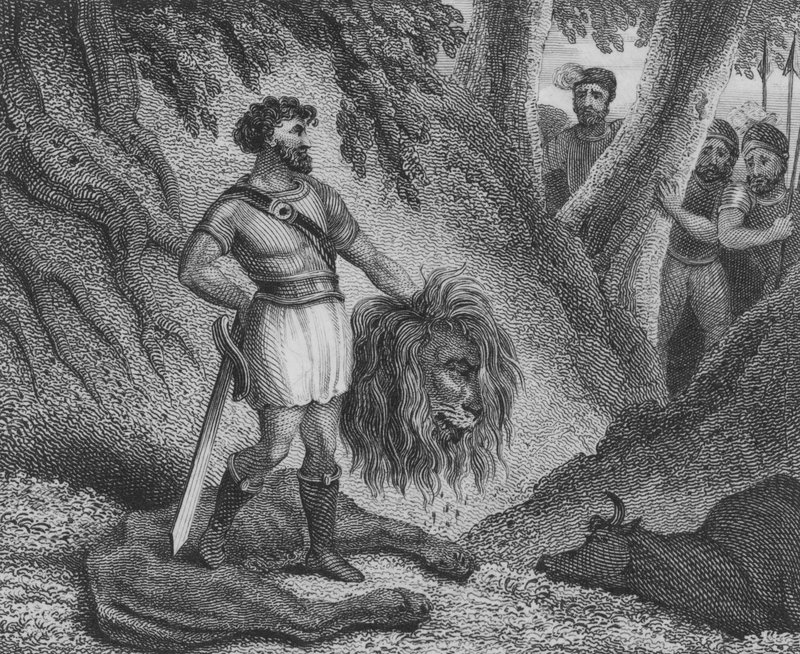 Pepijn de Korte, Koning van de Franken, bewijst dat zijn gestalte geen belemmering is voor zijn vermogen om te regeren door een leeuw te doden door English School