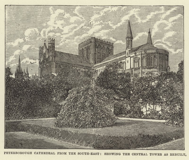 Peterborough Kathedraal vanaf het Zuidoosten, met de Centrale Toren zoals Herbouwd door English School