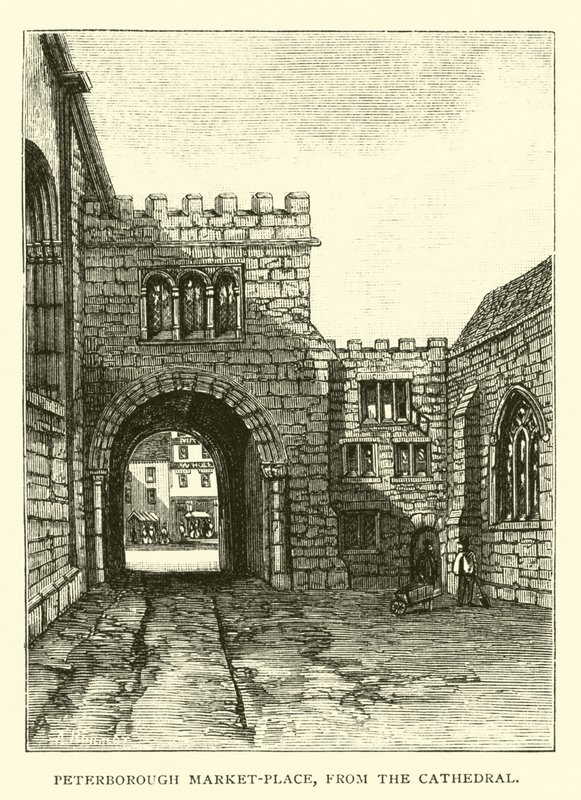 Peterborough Marktplaats, vanaf de Kathedraal door English School