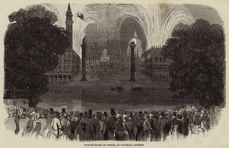 Beeldmodel van Venetië, in Vauxhall Gardens (gravure) door English School