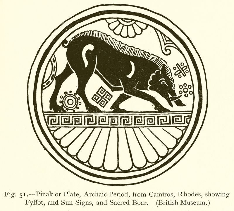 Pinak of bord, archaïsche periode, van Camiros, Rhodos, met fylfot, zonnetekens en heilig everzwijn door English School