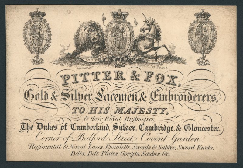 Pitter en Fox, Goud- en Zilverkantwerkers en Borduurders, Bedford Street, Covent Garden, handelskaart door English School