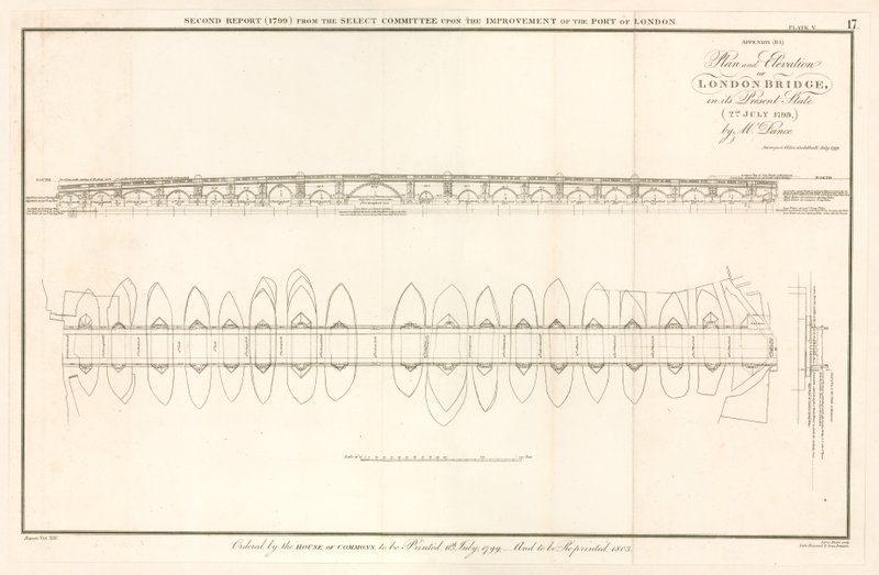 Plan en elevatie van London Bridge zoals op 2 juli 1799 door English School