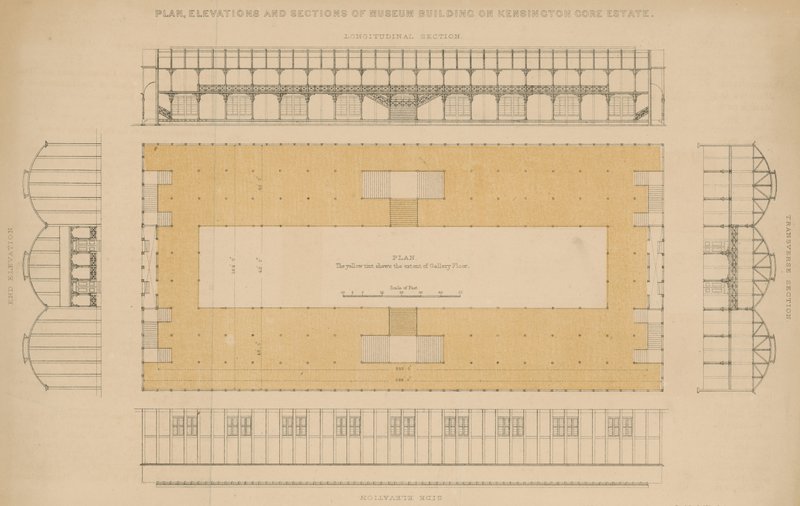 Plan, gevels en doorsneden van museumgebouw op Kensington Gore Estate door English School