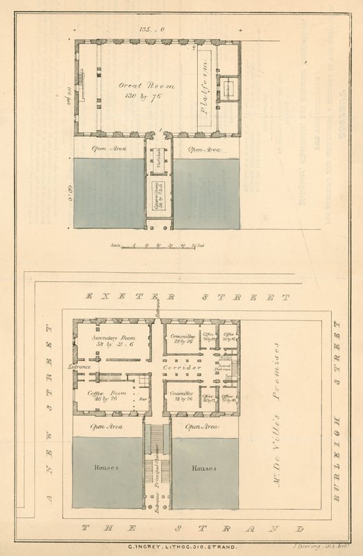Plan voor gebouwen tijdens een voorgestelde verbreding van The Strand in de buurt van Exeter Change door English School