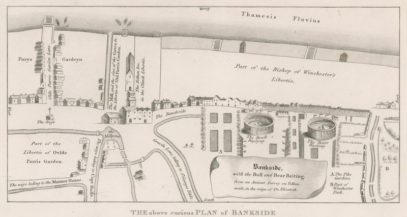 Plattegrond van Bankside aan de rivier de Theems gebaseerd op een oude kaart uit de regeerperiode van koningin Elizabeth, met de Bull and Bear Baiting door English School