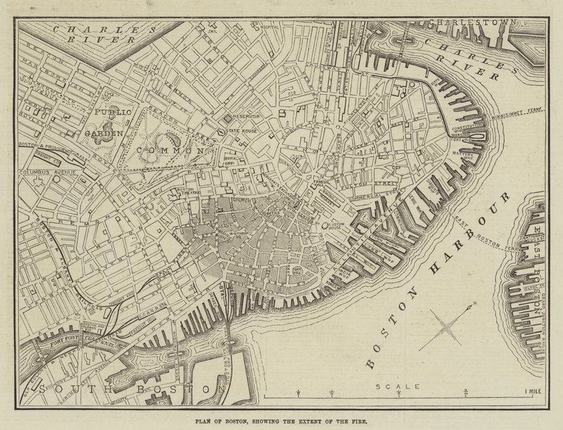 Plan van Boston, met de Omvang van de Brand door English School