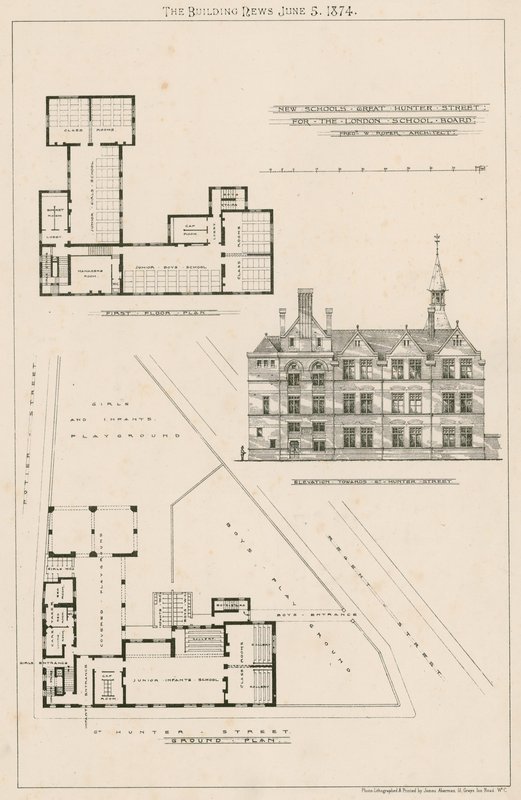 Plan van nieuwe scholen, Great Hunter Street Scholen, Old Kent Road door English School